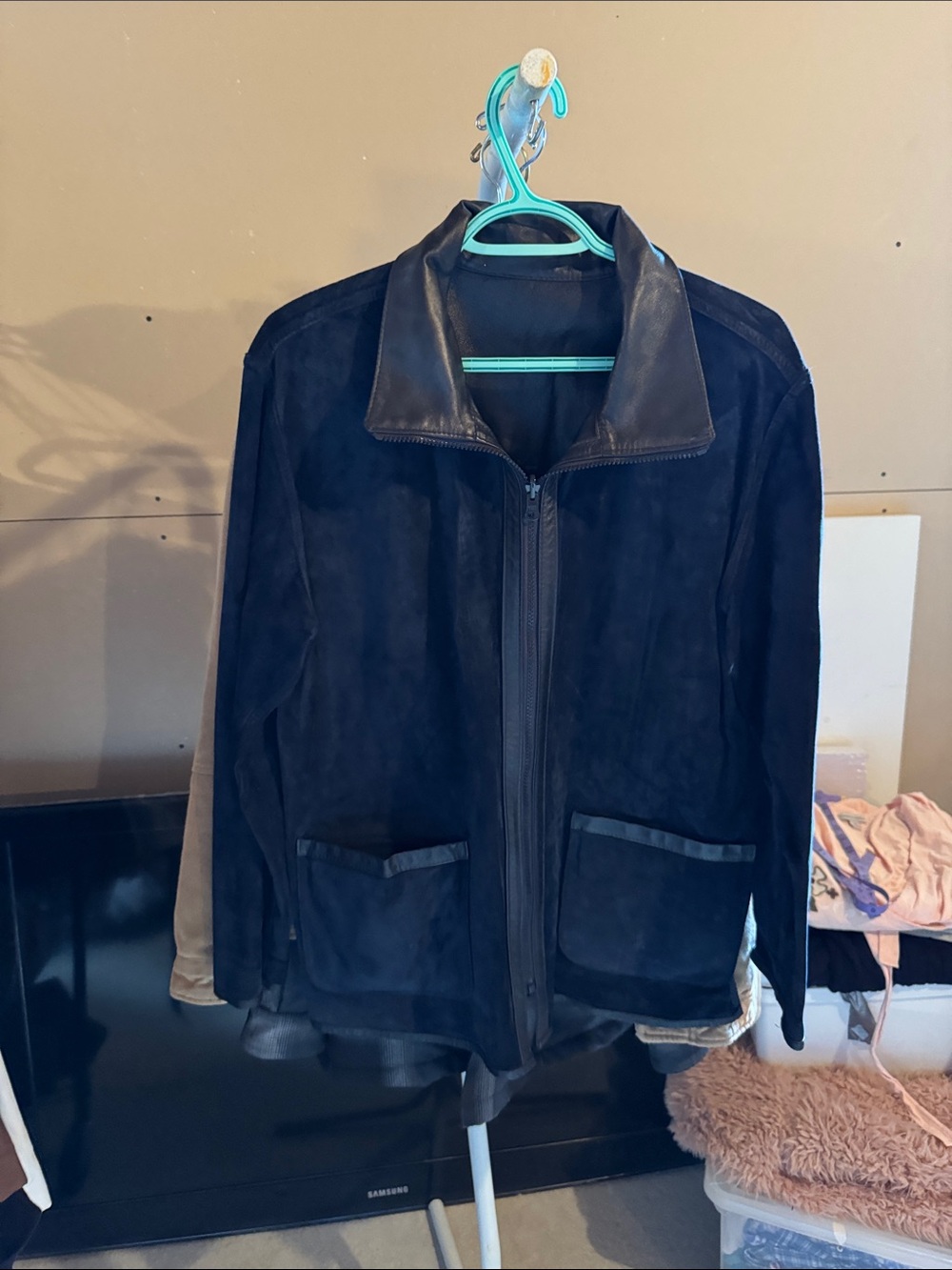 Men’s reversible Navy Suede /leather   Zip Jacket with Leather Trim
